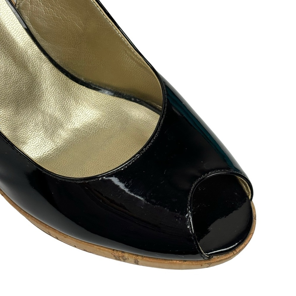 Franco Sarto Black Patent 4” Platform Cork Wedge Ankle Strap Open Toe Size 8 - Picture 9 of 10